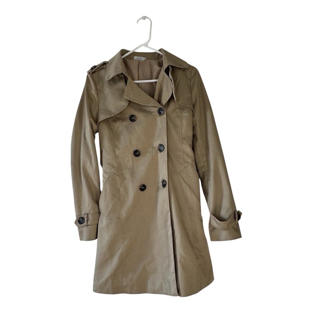 Tobi beige double-breasted trench coat, belted waist classic lapels. Women’s S